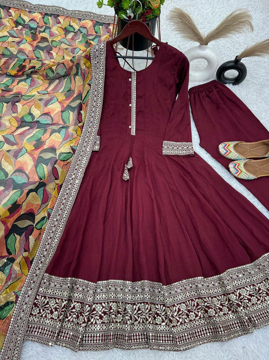 Pure Heavy Chinnon Silk With Full Heavy Embroidery Sequence Work with Sleeve Kurti Set For Women 
