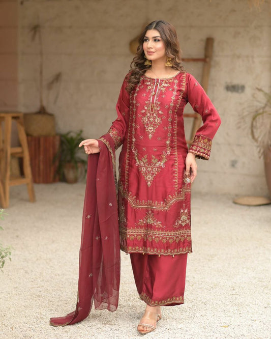 Heavy Pure Organza Material With 5mm Sequence Multi Embroidery Work. with ( Fully Sleeves ) Kurti Set
