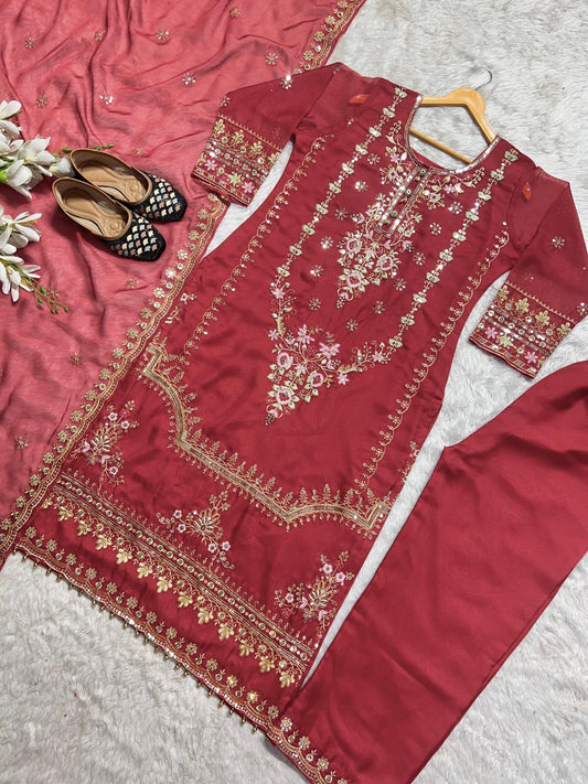 Heavy Pure Organza Material With 5mm Sequence Multi Embroidery Work. with ( Fully Sleeves ) Kurti Set