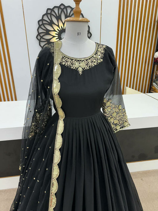 Trending New Black Heavy Georgette With Full Heavy Embroidery Sequence Work with Sleeve Gown
