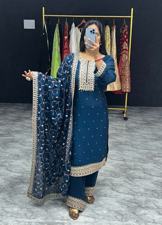 HEAVY VICHITRA SILK WITH HAVY EMBROIDERY WORK BLUE FLAIR KURTI