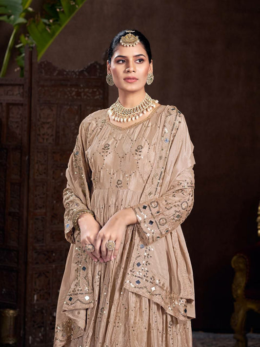 HEAVY CHINON SILK WITH EMBRODARY WORK WITH FULL SLEEVES AND REAL MIPRROR WORK GOWN