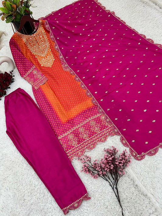 Pure Chinnon With Heavy Embroidery Coding Dori-Sequence Work With Beautiful Digital Print And Real Mirror with Full Sleeve Kurti Pair