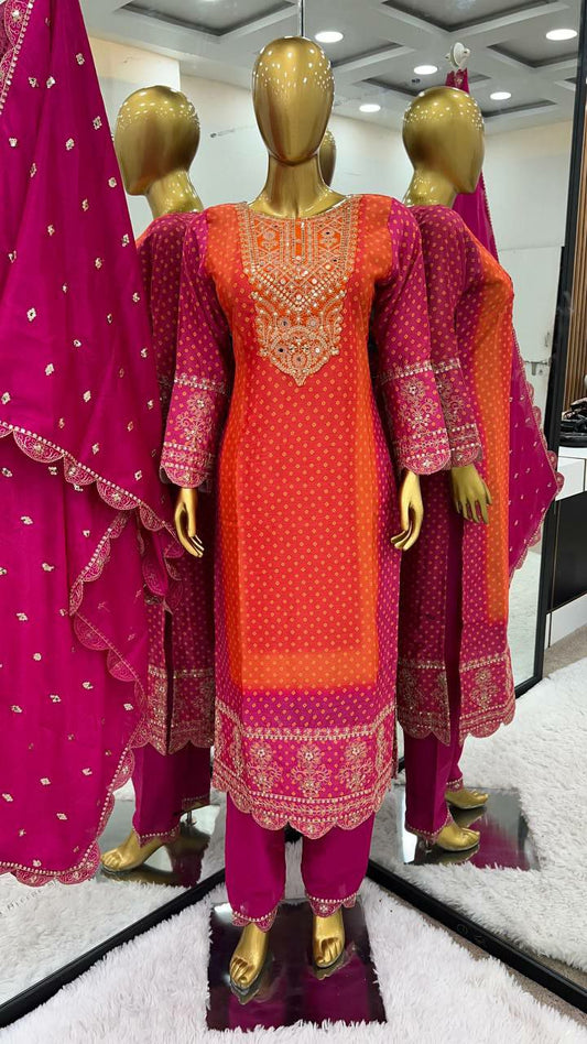 Pure Chinnon With Heavy Embroidery Coding Dori-Sequence Work With Beautiful Digital Print And Real Mirror with Full Sleeve Kurti Pair