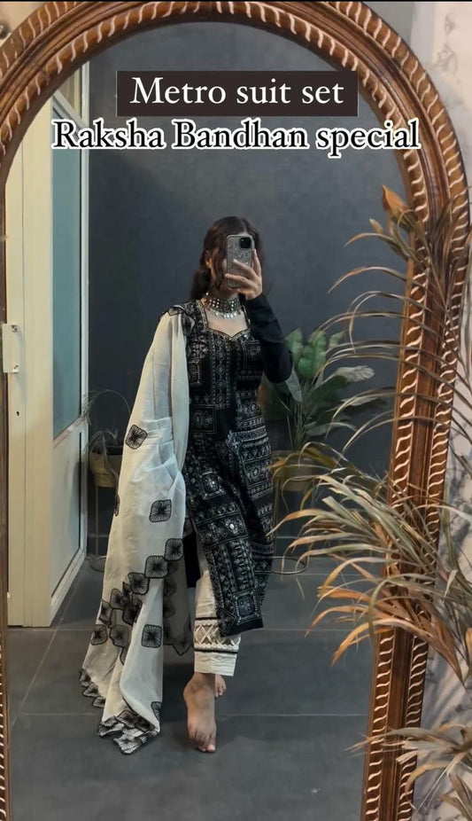 Pure Muslin Black Kurti Set For Women