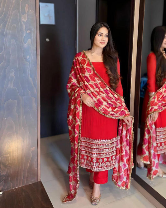 HAVY FOUX GOARGATE WITH HAVY EMBRODAY WORK RED KURTI