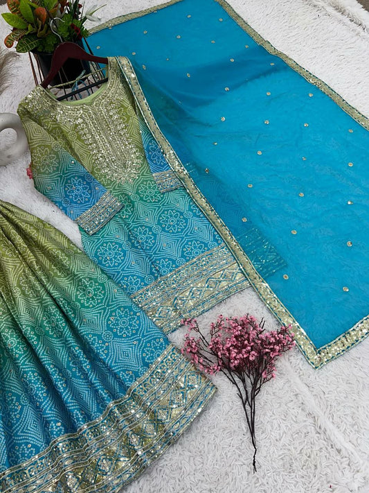 Heavy Chinon With Digital Print With Embroidery Sequence Work With Heavy With Full Sleeve Kurti