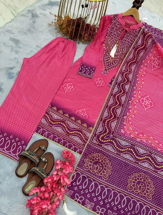 Heavy Chinon Silk With Digital Print With Riyal Mirror Hand Work With Sleeves With Tassels & Latkan