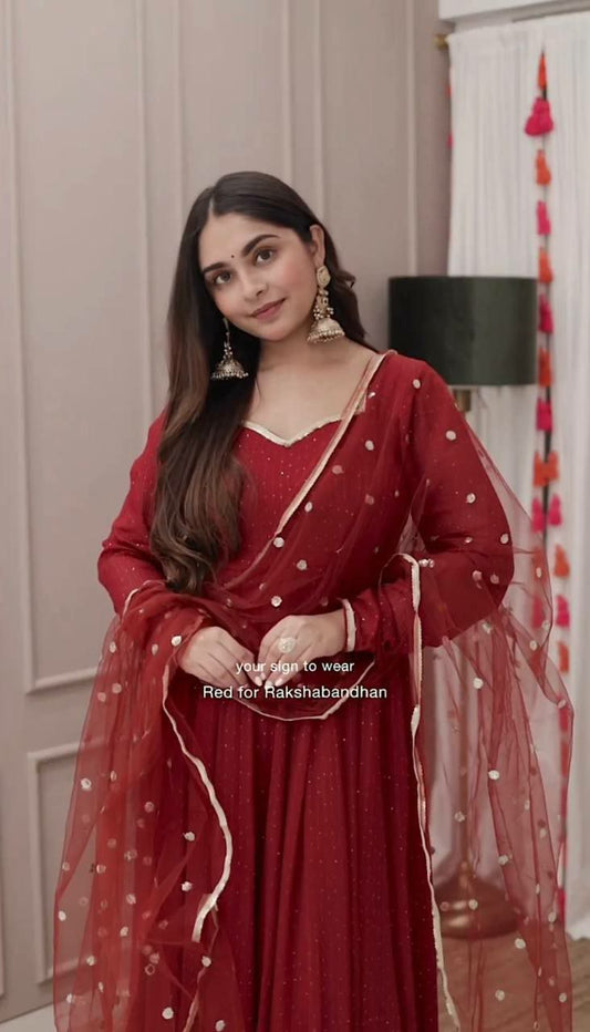 CROCHIT Work Georgette With Embroidery Work With Fancy Full Sleeve