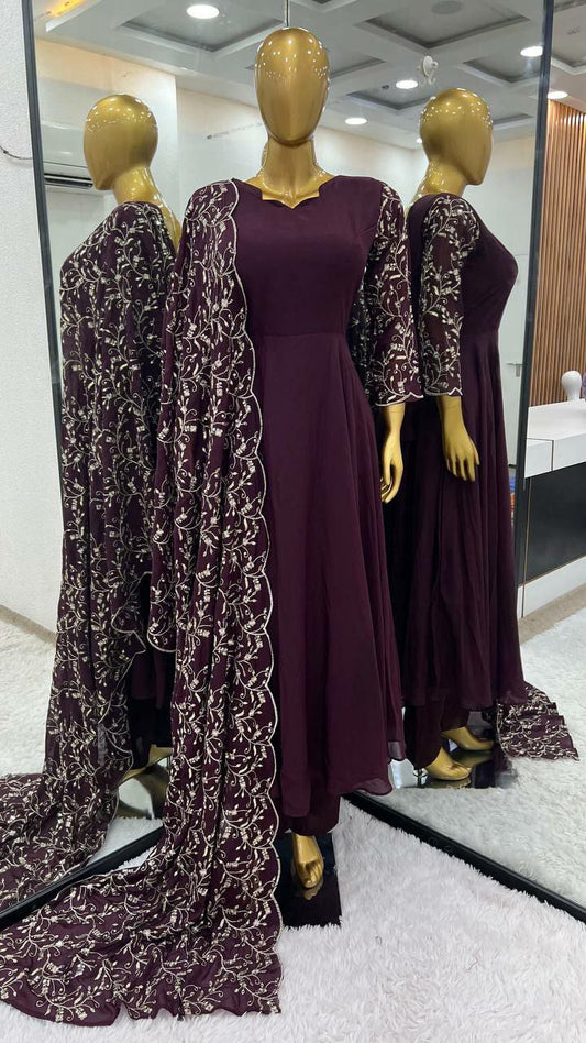 STAR GEORGETTE With Embroidery Sequence Work With Attached Cups With Fully Flair Kurti Set