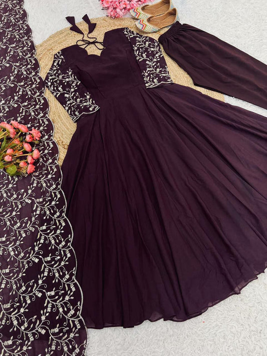 STAR GEORGETTE With Embroidery Sequence Work With Attached Cups With Fully Flair Kurti Set