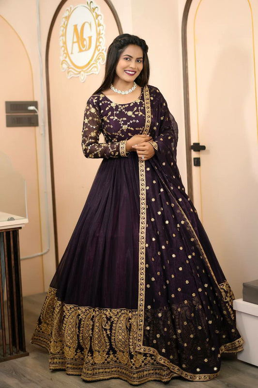 Heavy Blooming Shimmer Silk And Sleeve With Work Gown For Women