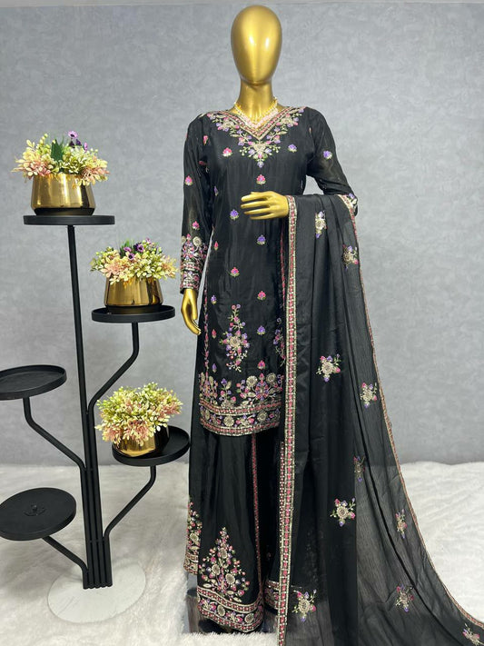 Designe Ready Made Collection Fancy Embroidery And Sequins Work Top - Plazzo With Dupatta