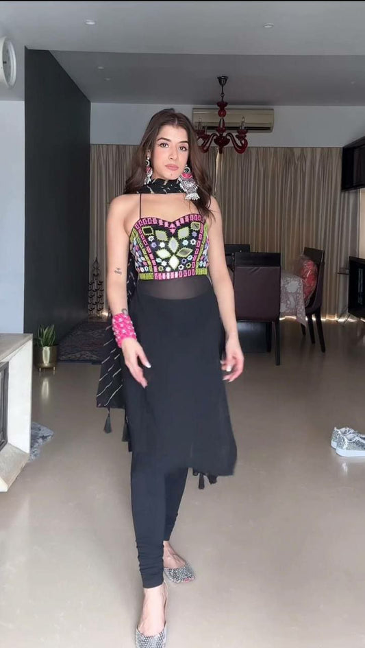 Faux Geoegette Inner Micro Thread With Real Mirror Work Kurti For Women