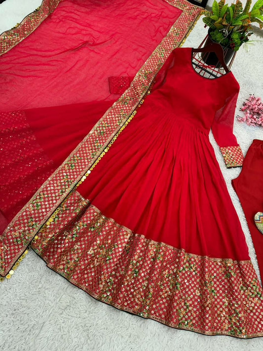 Heavy Georgette With DigitalPrint Work and Full Heavy Embroidery Sequence Work with Sleeve Gown