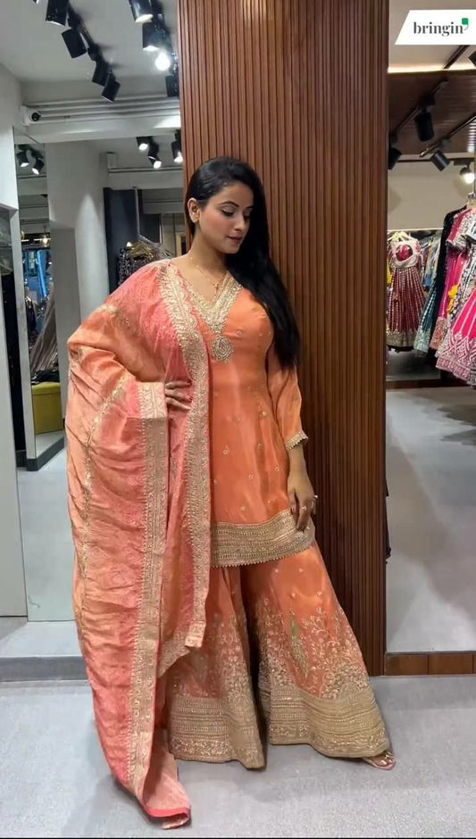 Pure Heavy Chinon With With Embroidery Sequence Work With Heavy With Full Sleeve Top