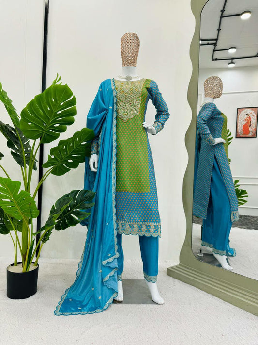 Pure Chinnon With Heavy Embroidery Coding Dori-Sequence Work With Beautiful Digital Print And Real Mirror with Full Sleeve Top