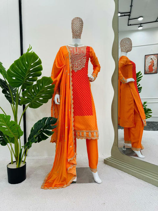 Pure Chinnon With Heavy Embroidery Coding Dori-Sequence Work With Beautiful Digital Print And Real Mirror with Full Sleeve Top