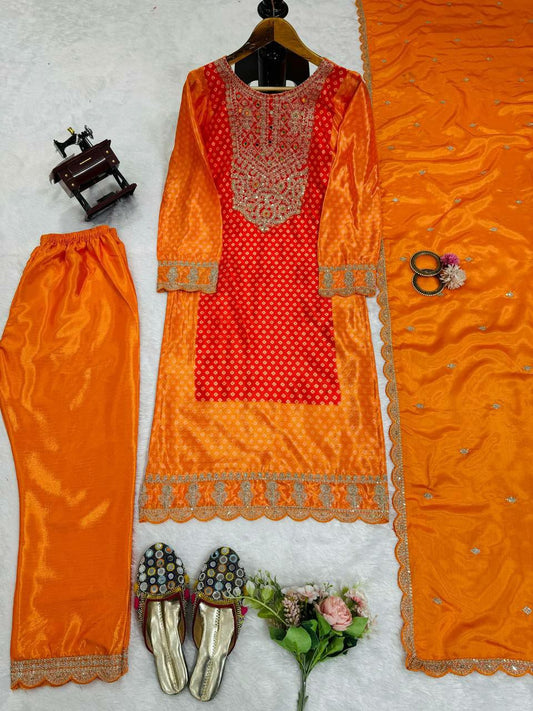 Pure Chinnon With Heavy Embroidery Coding Dori-Sequence Work With Beautiful Digital Print And Real Mirror with Full Sleeve Top