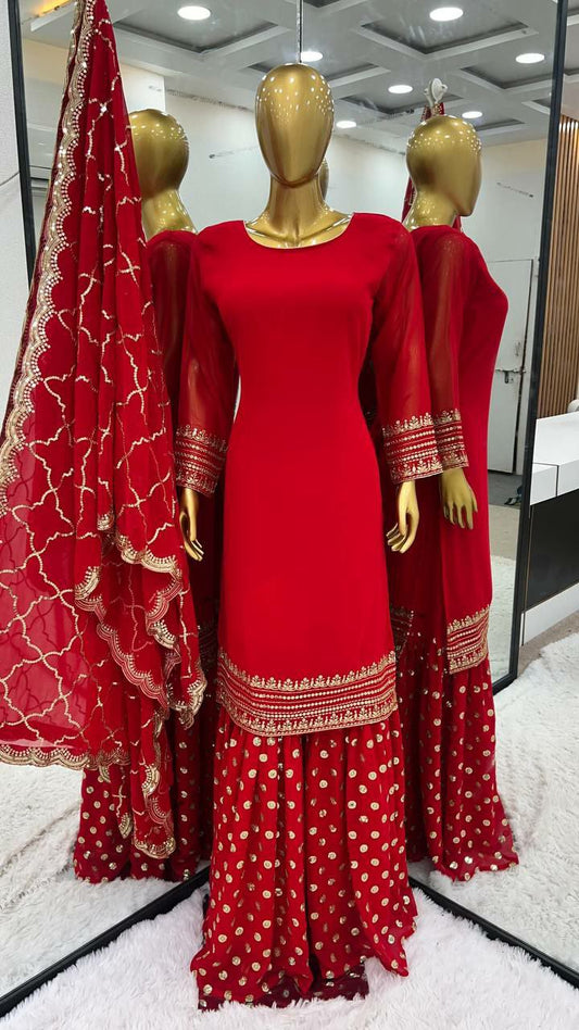 Heavy Faux Georgette With 5mm Embroidery Sequence Work With Full Sleeve Kurti Set