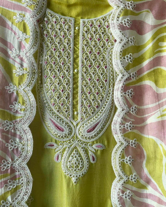 Pure Chinon Silk With Embroidery 5 mm Sequence & Coding Dori Work With Sleeves With Fancy Latkan Border