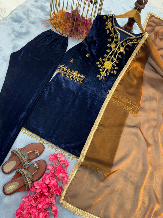 Heavy Pure Viscose Velvet With Embroidery 5 mm Sequence Work With Fancy Latkan With Fancy Bell Sleeve Kurti Set