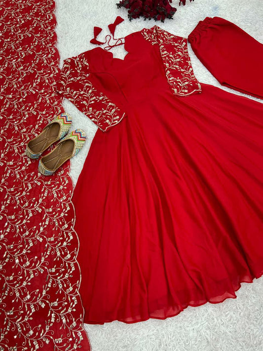 STAR GEORGETTE With Embroidery Sequence Work With Attached Cups With Fully Flair Anarkali Dress