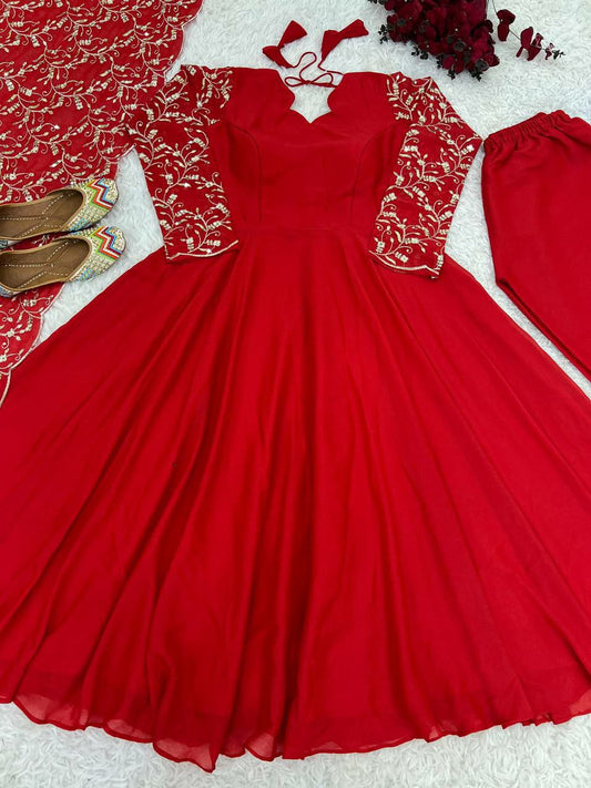 STAR GEORGETTE With Embroidery Sequence Work With Attached Cups With Fully Flair Anarkali Dress