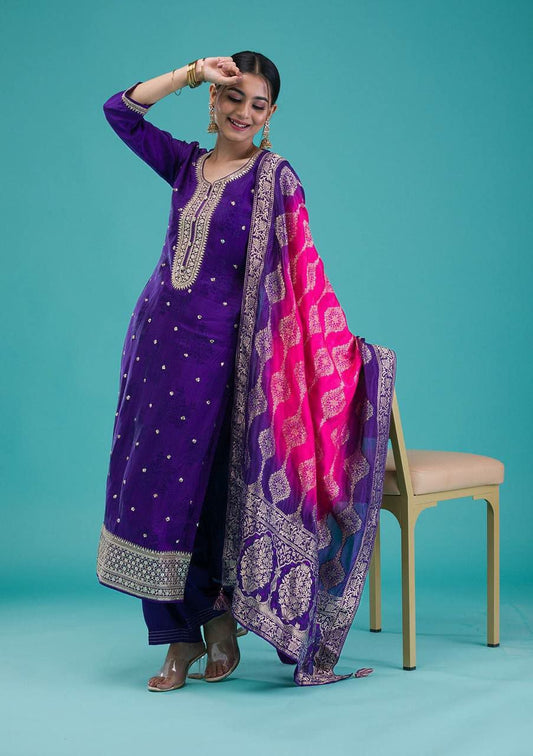Heavy Chinnon With Heavy Embroidery Sequence Work With Full Sleeves Blue Kurti Set