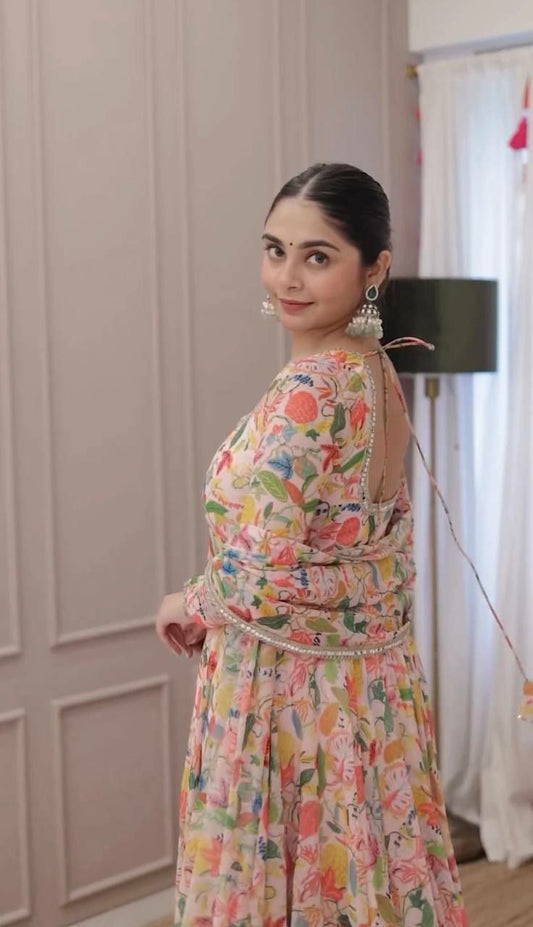 Heavy Faux Georgette With Digital Print Work With Fancy Full Sleeve Multicolor Kurti