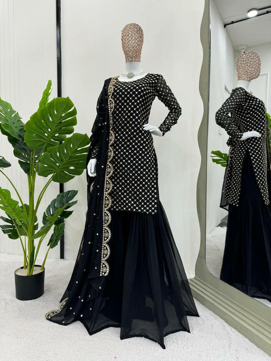 Black Trendy Sharara Pair In Faux Georgette Fabric For Women