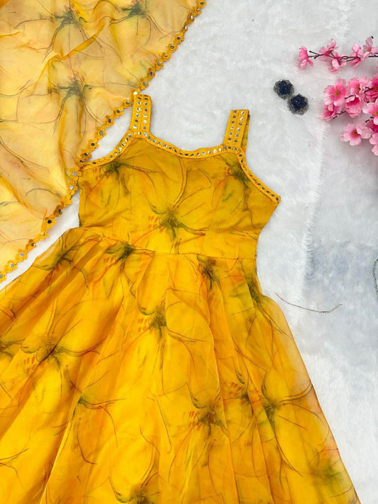 Digital printed pure organza silk Anarkali suit of huge 8 mtr flair with Designer Lace Border Anarkali Gown