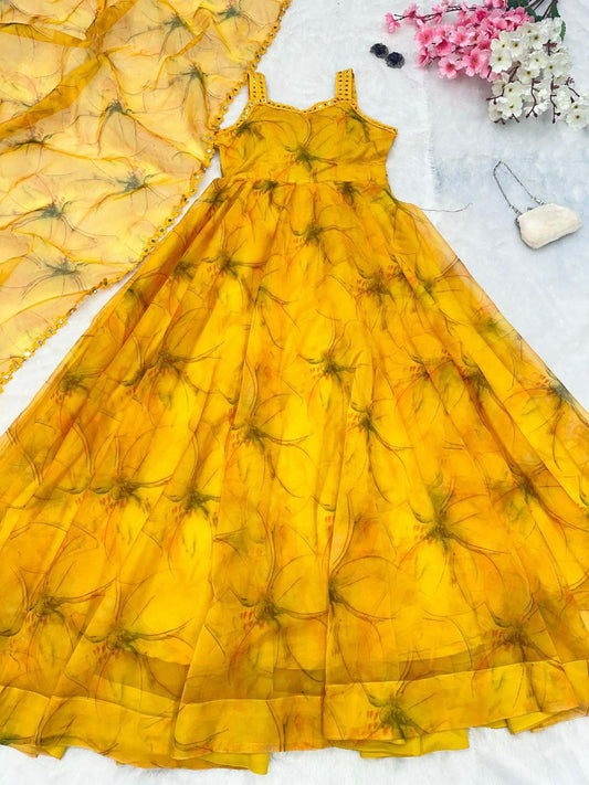 Digital printed pure organza silk Anarkali suit of huge 8 mtr flair with Designer Lace Border Anarkali Gown