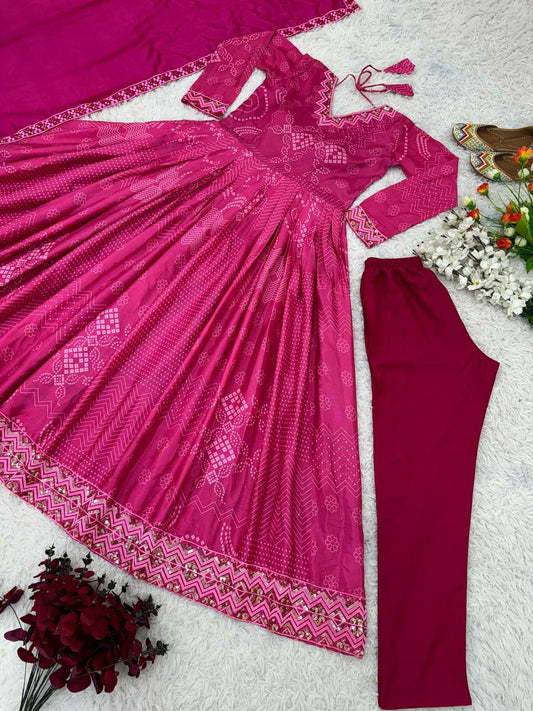 Faux Georgette With Digital Print Work and Heavy Embroidery Sequence Work Pink Gown