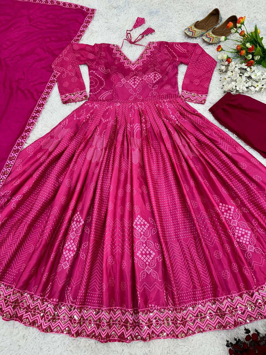 Faux Georgette With Digital Print Work and Heavy Embroidery Sequence Work Pink Gown