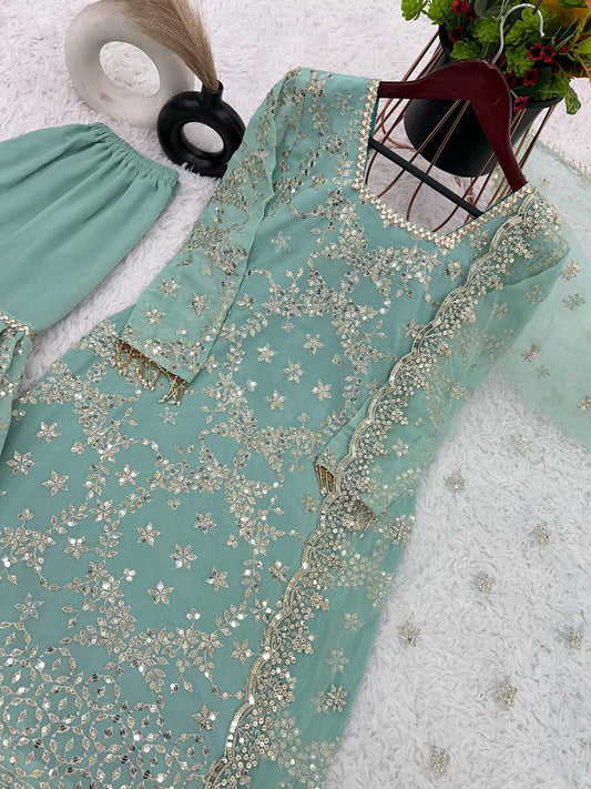 Heavy Faux Georgette with Heavy Embroidery Sequence Work With Full Sleeve Sky Blue Heavy Sharara