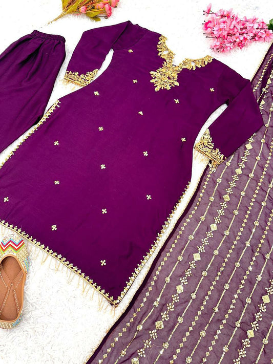 Pure Chinnon Silk With Peals Work and Fancy Latkan With Full Sleeve Purople Kurti