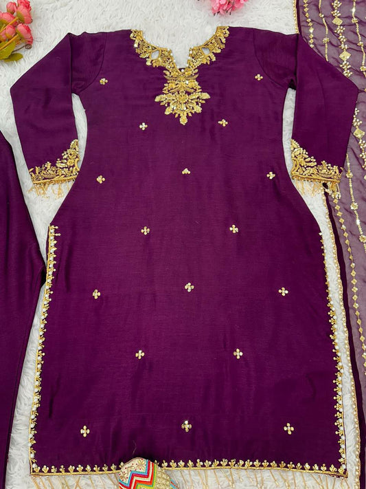 Pure Chinnon Silk With Peals Work and Fancy Latkan With Full Sleeve Purople Kurti