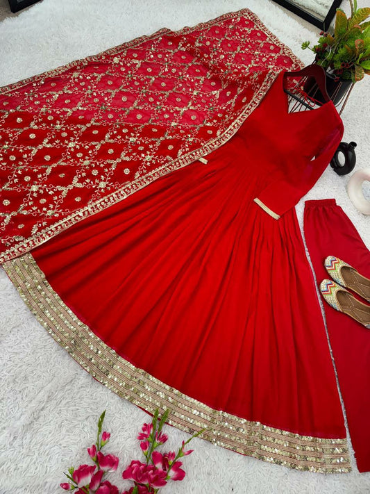 Heavy Faux Georgette With Full Heavy Embroidery Sequence Work with Sleeve Red Gown