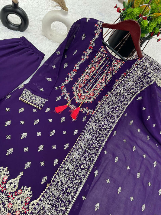Pure Heavy Chinon Silk With Embroidery Sequence Work with Sleeve Navy Blue Sharara 