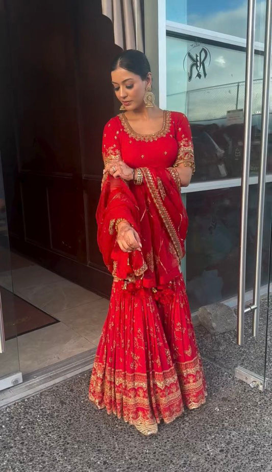 Heavy Faux Georgette Material With 5mm Sequence Embroidery Work. with Long Sleeves Red Shararaa