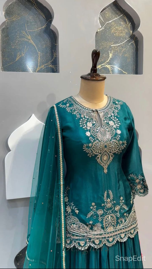 Hevay Pure Chinon Silk With Heavy Embroidery 5mm Sequence Work Sharara Pair