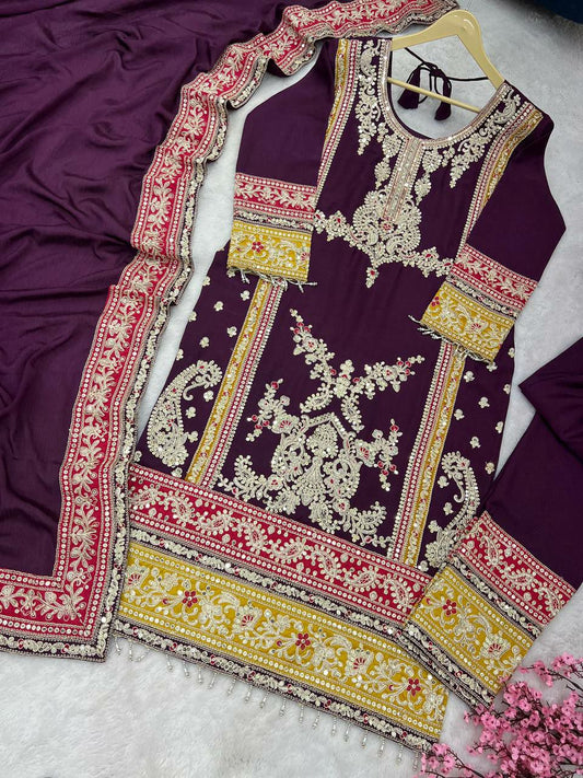 Pure Chinnon Silk With Heavy Embroidery Cording Sequence Work And Full Sleeve Kurti