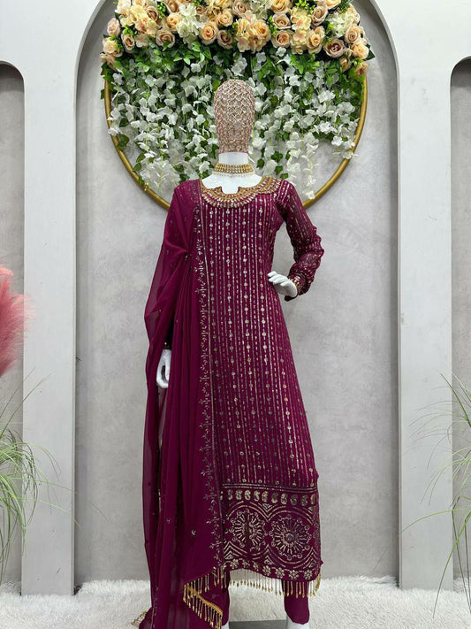 New Maroon Faux Georgette With Real Mirror Kurti Set For Women