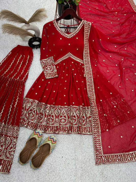 Pure Heavy Faux Georgette With Heavy Embroidery And Sequence Work With Full Sleeve Kurti Pair