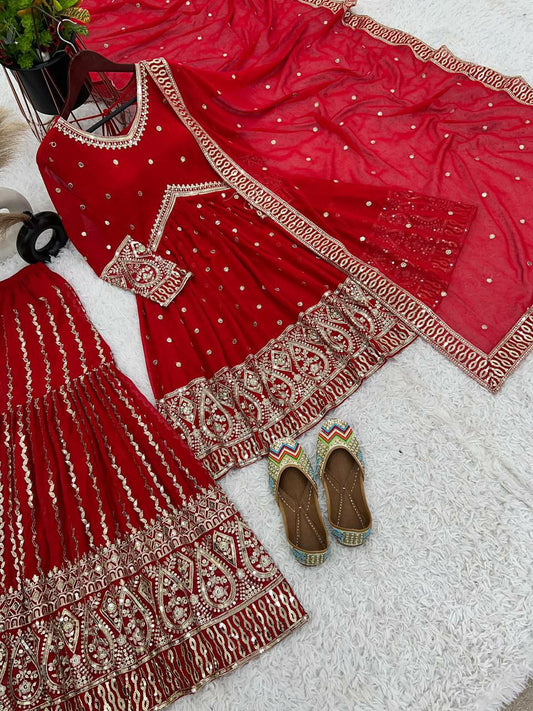 Pure Heavy Faux Georgette With Heavy Embroidery And Sequence Work With Full Sleeve Kurti Pair