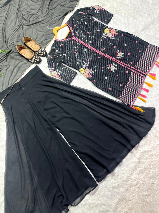 Hevay Faux Georgette Fabric With Hevay Embroidery 5mm Sequence Work (Fully Sleeve’s) Sharara