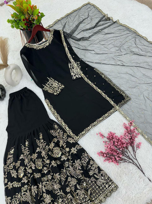Heavy Faux Georgette With 5mm Embroidery Sequence Work With Full Sleeve Sharara