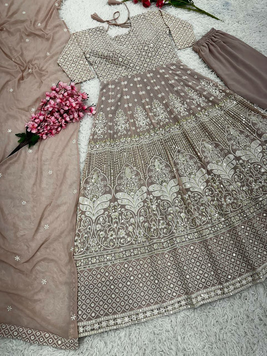 Heavy Faux Georgette With Full Heavy Embroidery Sequence With Cotton Thread Work With full Sleeve Gown