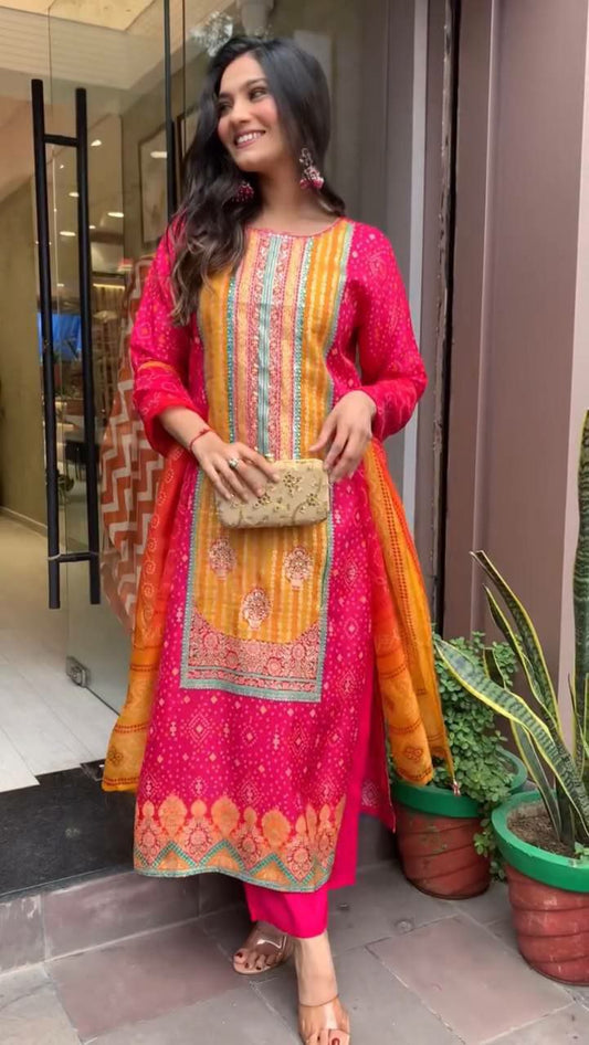 Heavy Pure Chinnon Silk WithDigital Print With Real Mirror Handwork and Diamond Handwork With Full Sleeve